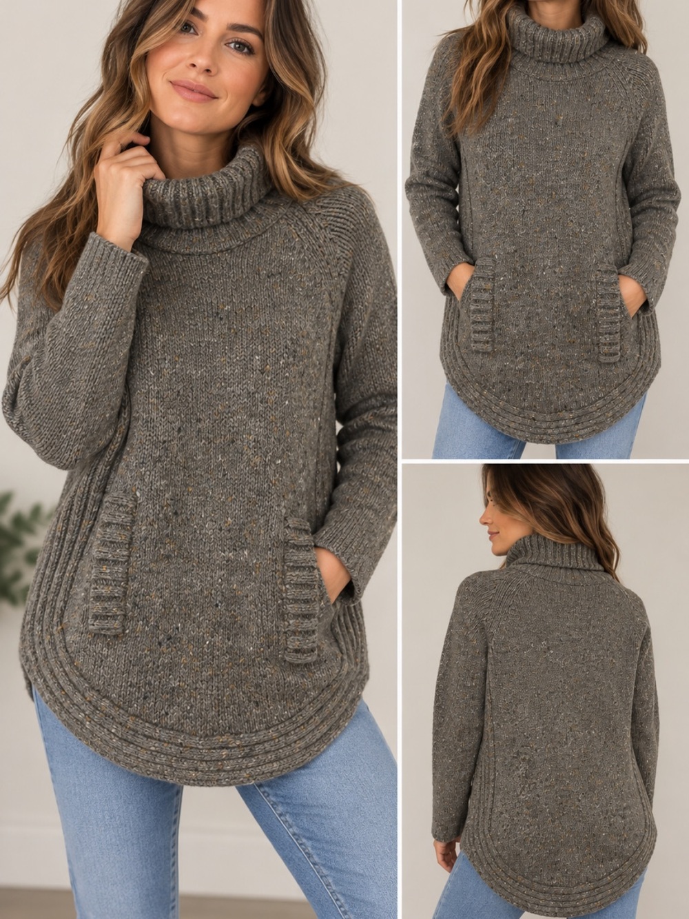 Cynthia Rowley Gray Speckled Wool Blend Turtleneck Sweater Tunic Med.